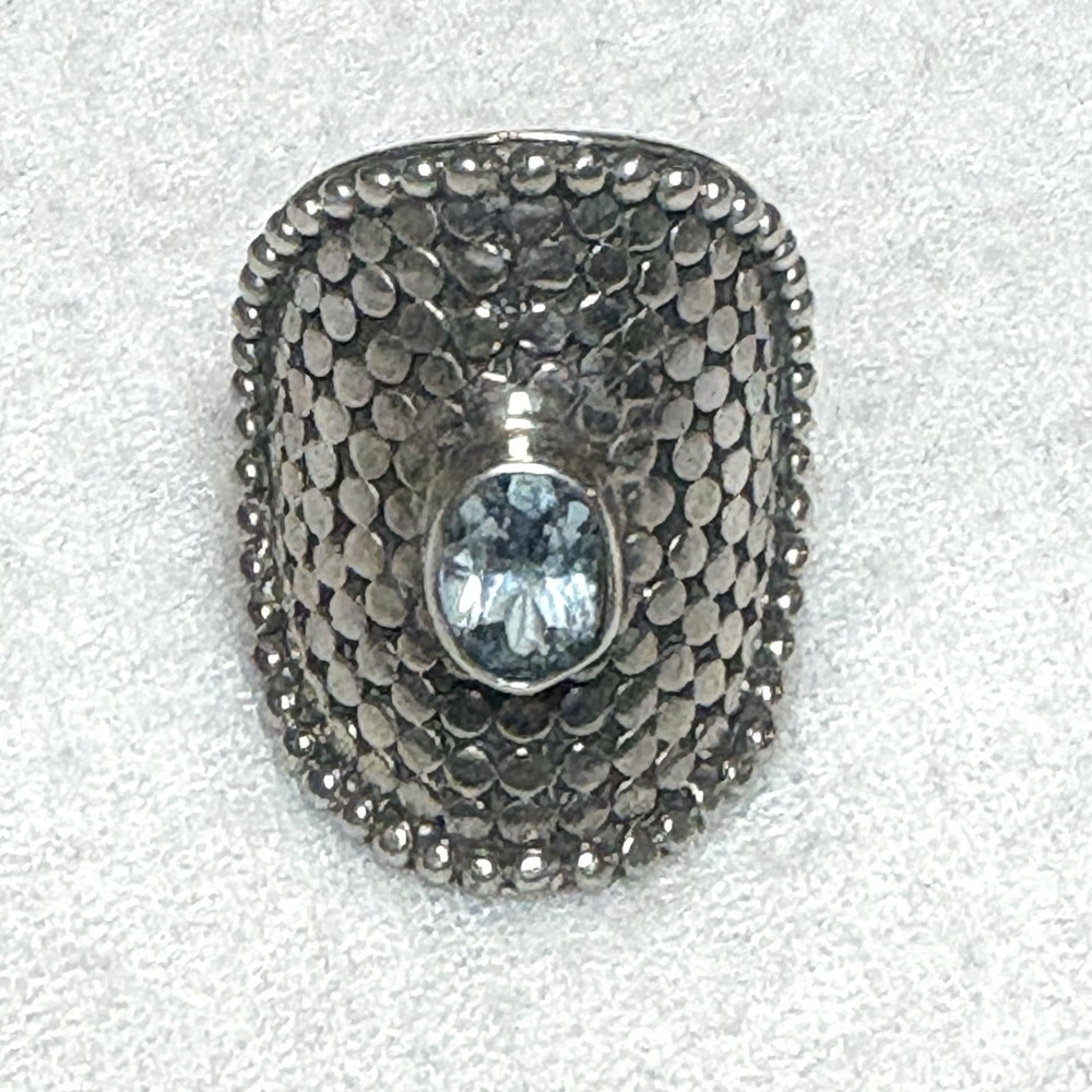 925 Sterling Silver Hammered Dome Cocktail Statement Ring Blue Topaz Size 8
